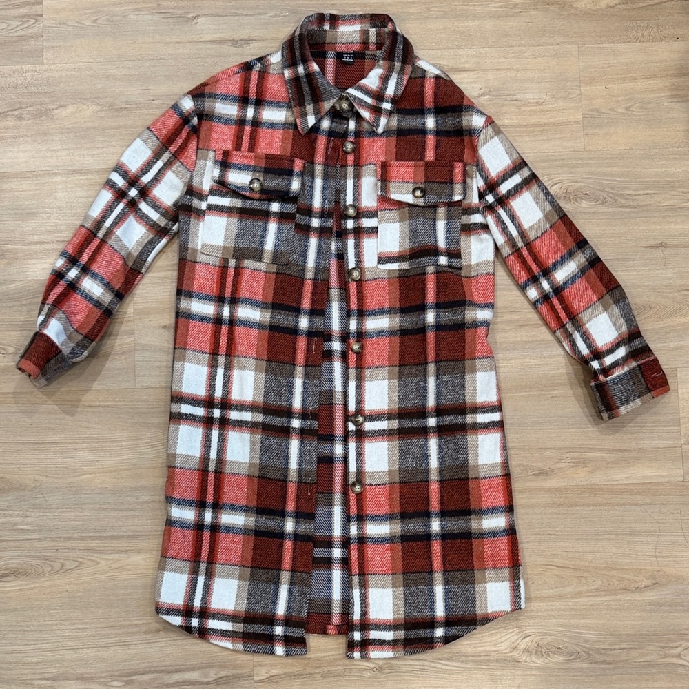SHEIN Plaid Shacket in Red, Navy & Tan